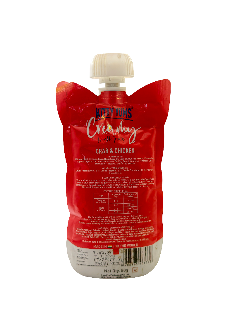 Kitty Yums Creamy Lickable Cat Treats – Crabs & Chicken Flavour | Squeezable Wet Treat for Cats | High Protein | Grain Free | 80g - Image 2