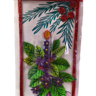 Handmade Floral Wall Hanging Frame – Glitter Border Decorative Art with Leaves & Purple Flowers | Festive Home Décor Gift Item for Living Room, Bedroom & Office