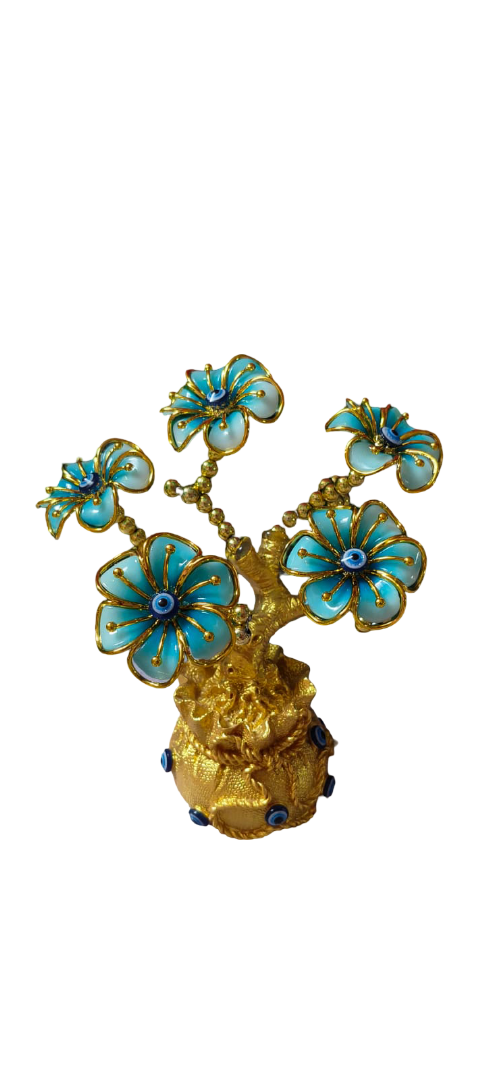 Luxury Blue Flower Decorative Showpiece – Gold Finish Floral Table Décor with Evil Eye Design | Premium Home & Office Desk Decoration | Gift Item for Housewarming & Festivals