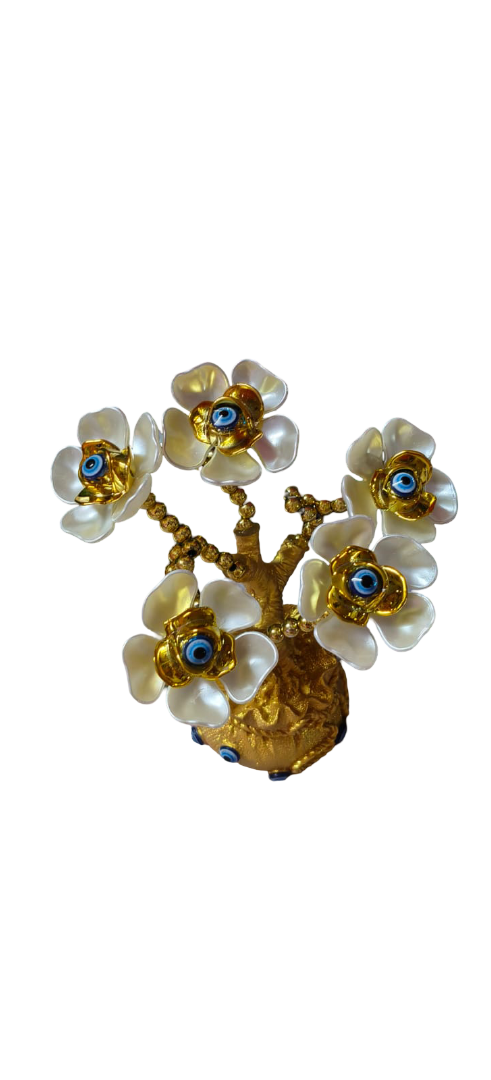 Premium white flower decorative showpiece with gold finish and evil eye accents. Elegant table décor for home, office, gifting & festive decoration.